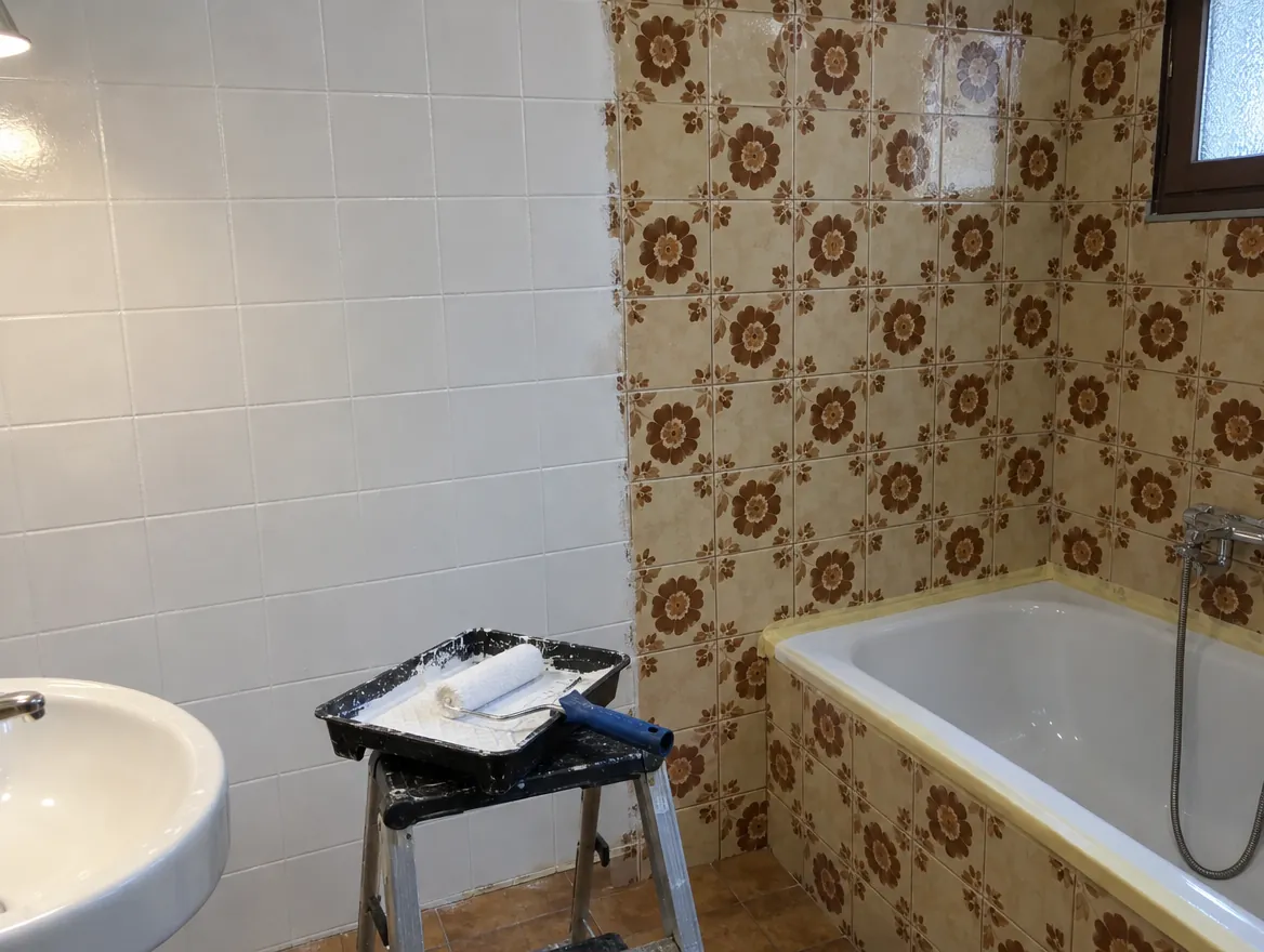 Pared de baño con azulejo de flores marrones de los años setenta, a medio pintar de blanco, con rodillo y bandeja sobre una escalera