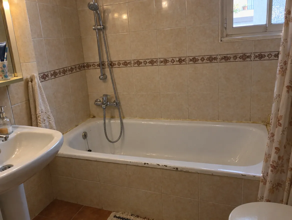 Bañera esmaltada empotrada con el esmalte desgastado, azulejo beige con cenefa marrón y ducha de teléfono en barra, en un baño de los años ochenta