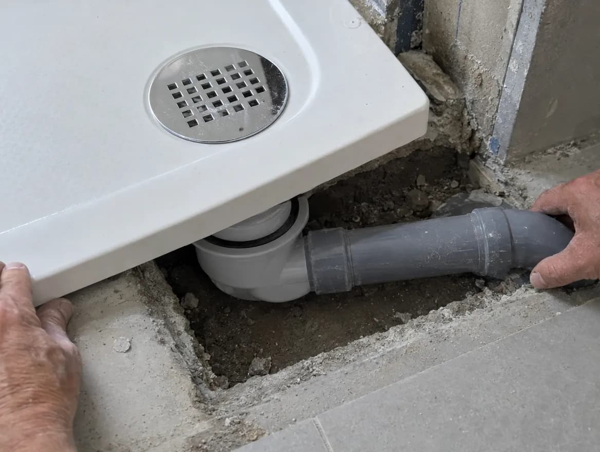 Manos levantando el borde de un plato de ducha blanco para mostrar el sifón y el tubo gris de desagüe en el hueco del suelo antes de taparlo