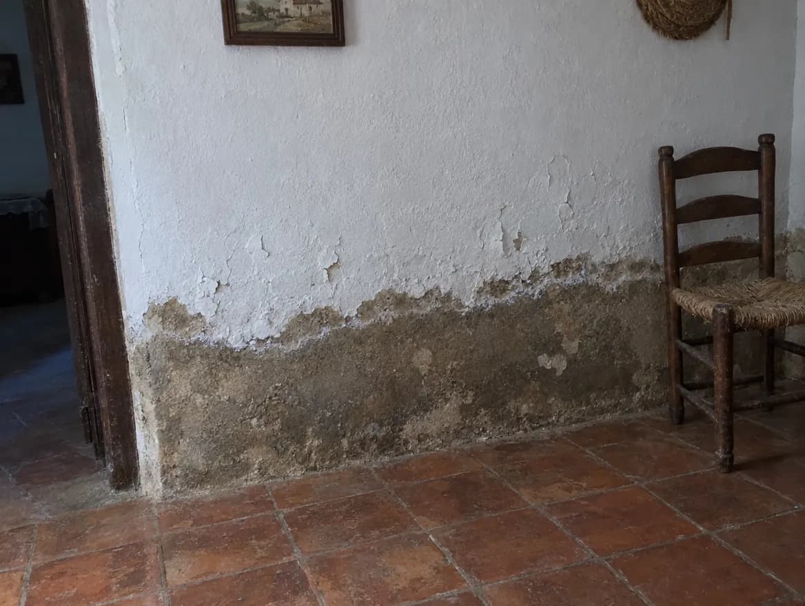 Muro encalado de una casa antigua con una franja de humedad que sube desde el suelo de barro cocido, con la pintura levantada y una silla de anea