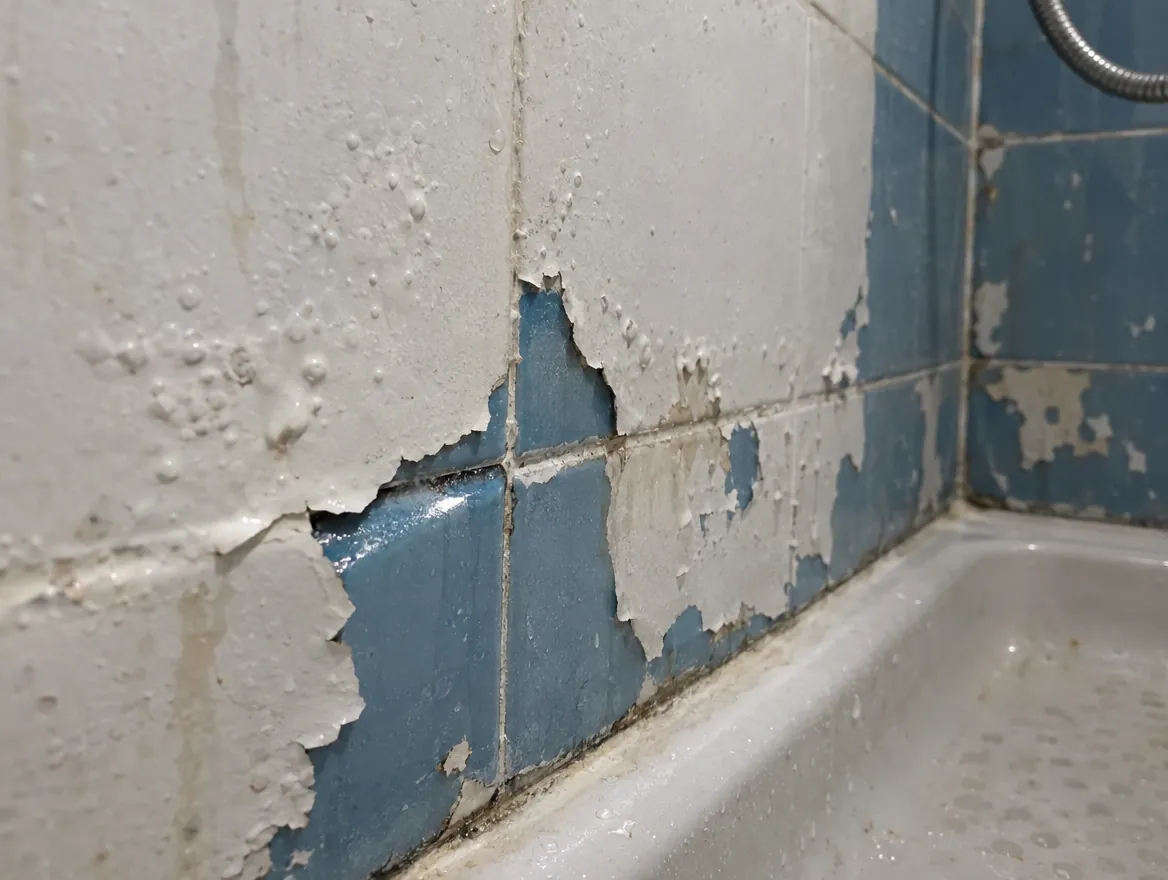 Pintura blanca levantada y con burbujas sobre azulejos azules junto al borde de un plato de ducha