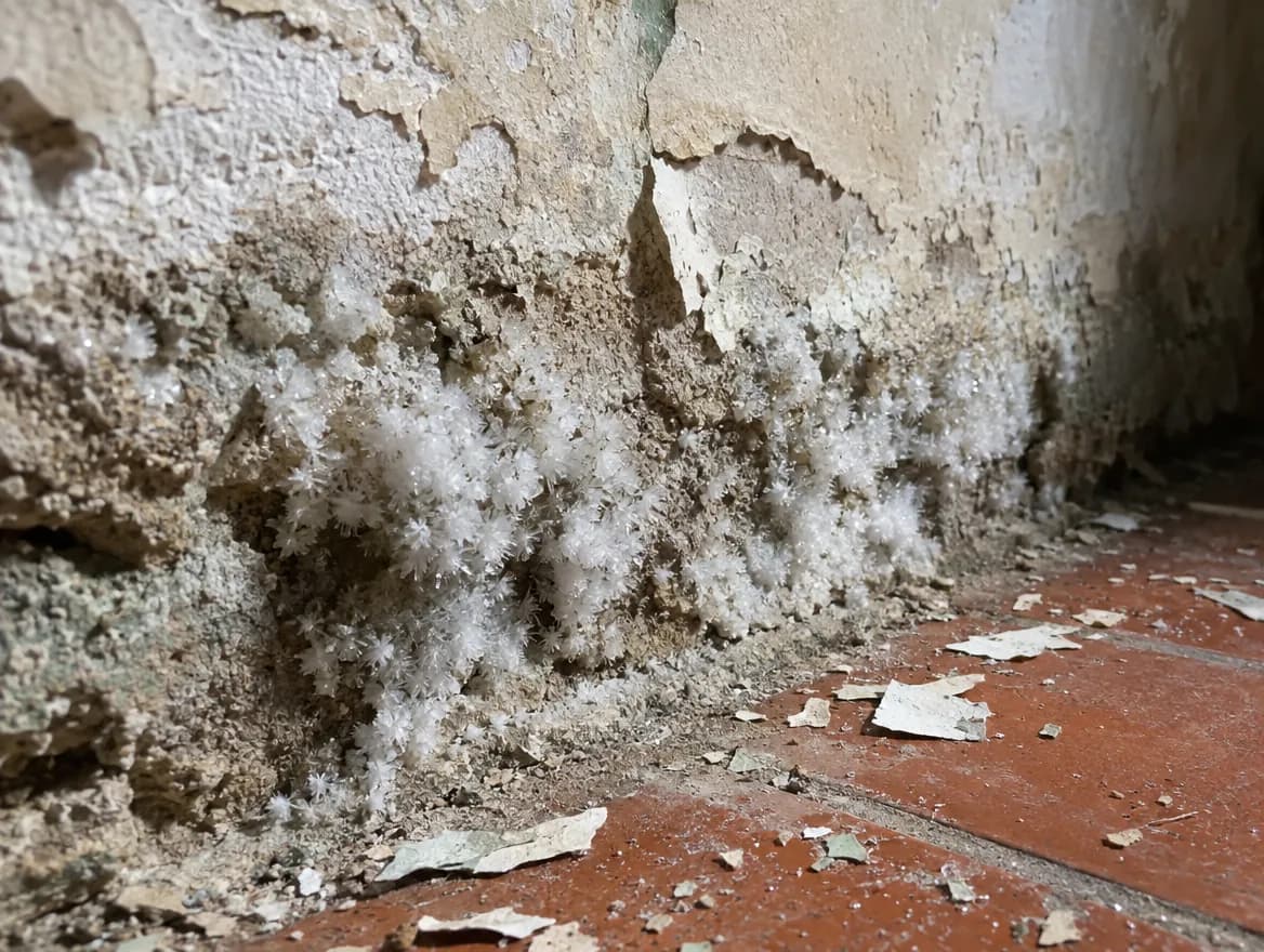 Cristales blancos de salitre creciendo sobre el enlucido de cal deshecho en la parte baja de un muro, con escamas de pintura sobre el suelo de barro
